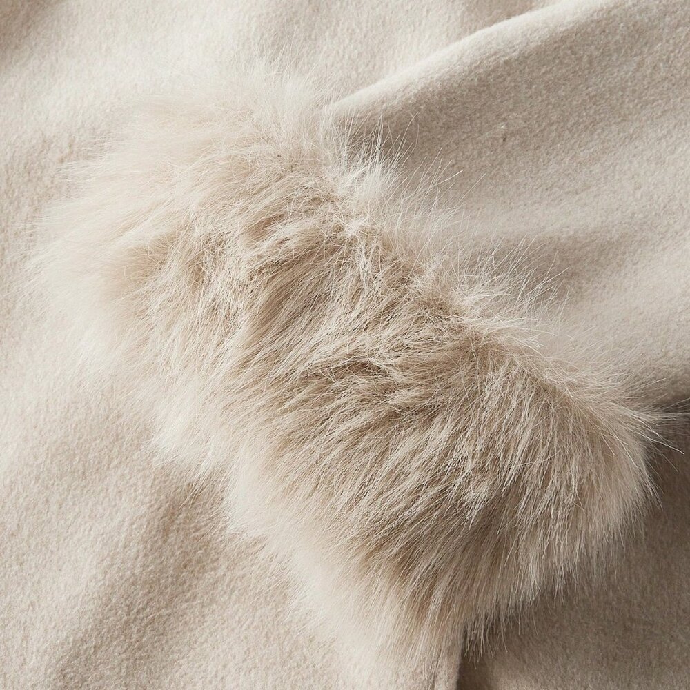 Khaki Casual Women's Elegant Long Sleeve  Faux Fur trimmed Warm jacket Coat - Picture 9 of 9